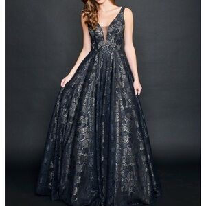 Nina Canacci nude and black lacy plunge neck formal dress 9140